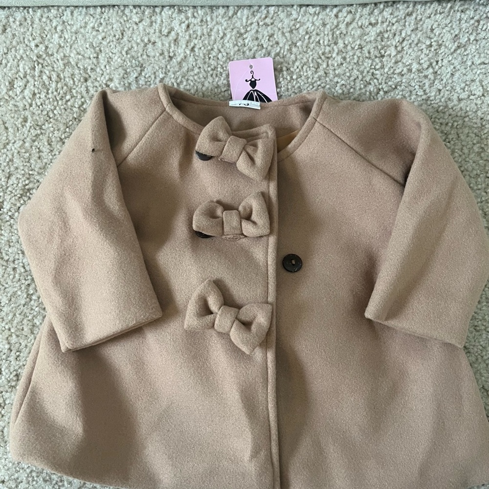 NWT: Charming Tan Kids Coat with Bow Accents